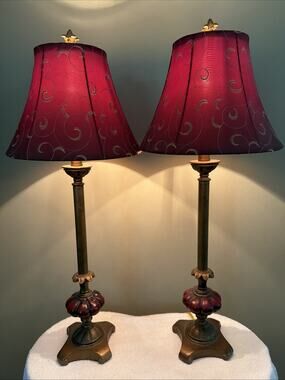 Pair of Candlestick MCM Oxblood Gold 34" high Nightlight Lamps w Shades